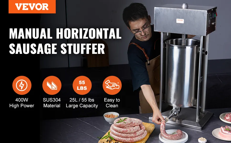 VEVOR electric sausage stuffer with 400w power, sus304 material, 25l capacity, and easy to clean.