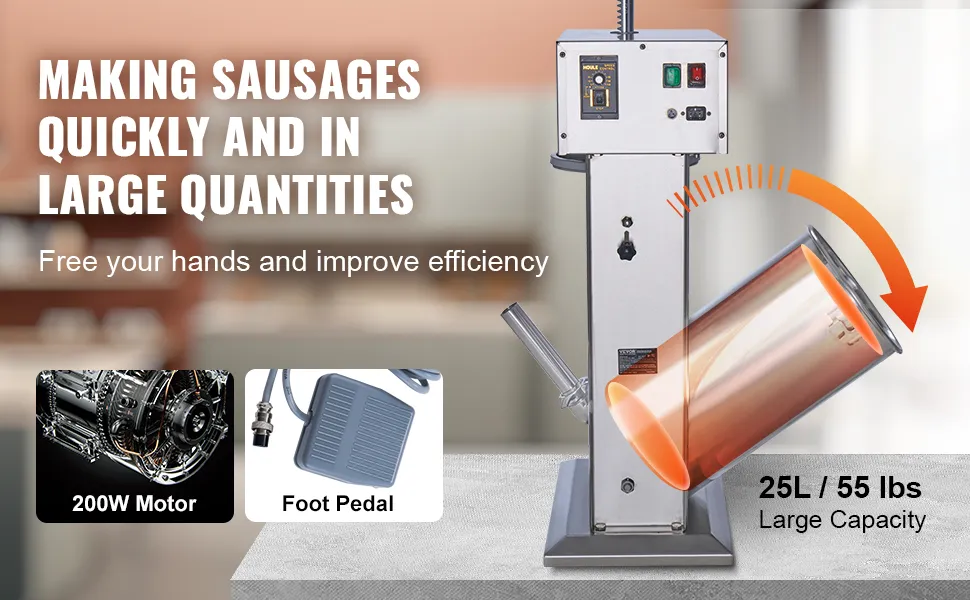 VEVOR electric sausage stuffer with 25l capacity, foot pedal, and 200w motor for efficient sausage making.