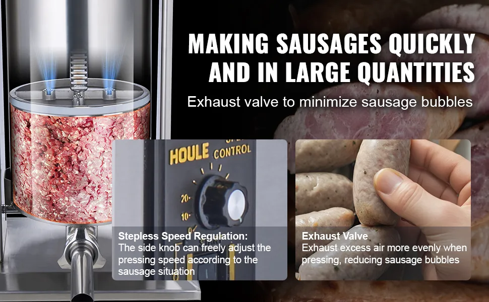 VEVOR electric sausage stuffer details, showing speed control knob, exhaust valve, and sausage filling.