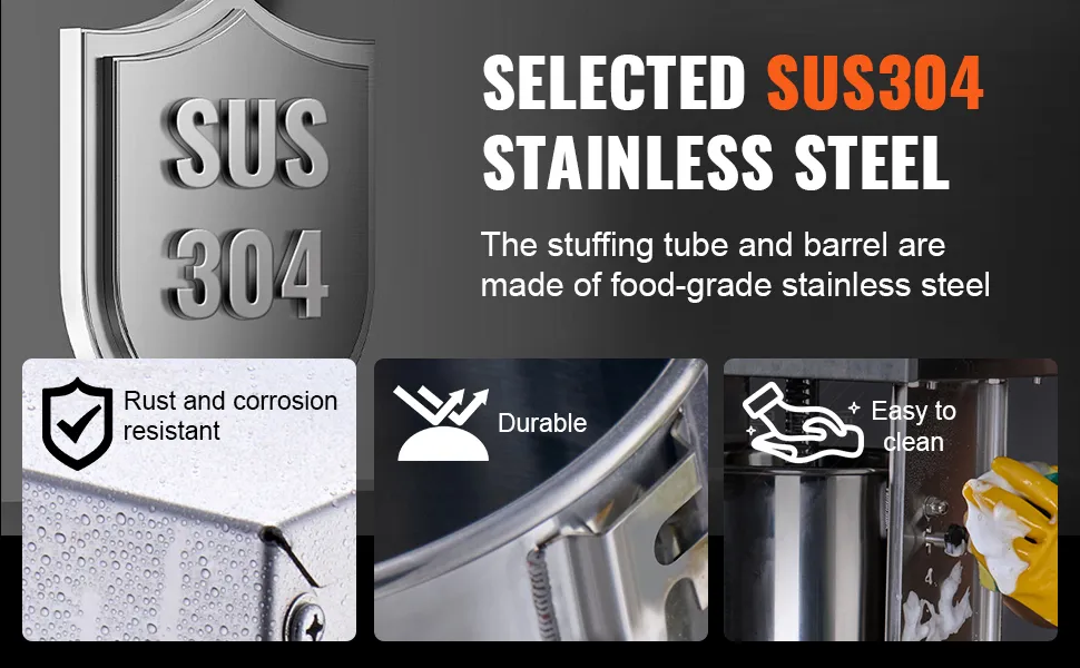 VEVOR electric sausage stuffer made of sus304 stainless steel; rust-resistant, durable, easy to clean.