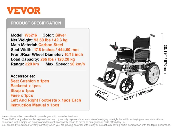 VEVOR electric wheelchair, carbon steel, model w5216, silver, 93.50lbs, 265lb capacity, 27.17" width.