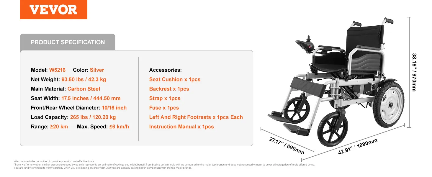 VEVOR electric wheelchair, carbon steel, model w5216, silver, 93.50lbs, 265lb capacity, 27.17" width.