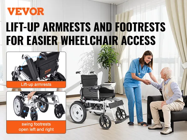 VEVOR electric wheelchair with lift-up armrests and footrests for easier access.