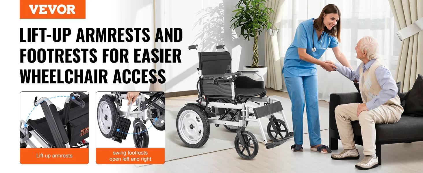 VEVOR electric wheelchair with lift-up armrests and footrests for easier access.