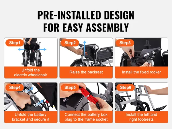 steps to assemble VEVOR electric wheelchair: unfold, raise backrest, install rocker, battery, footrests.