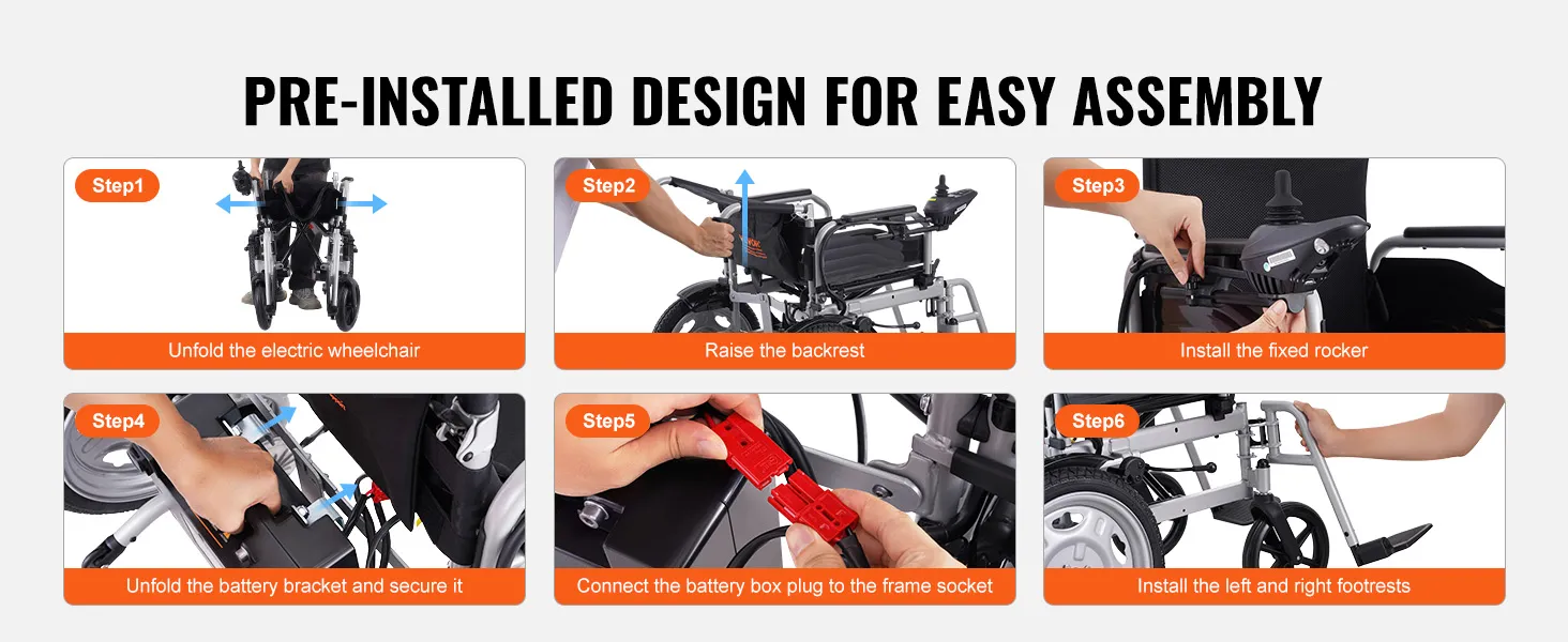 steps to assemble VEVOR electric wheelchair: unfold, raise backrest, install rocker, battery, footrests.