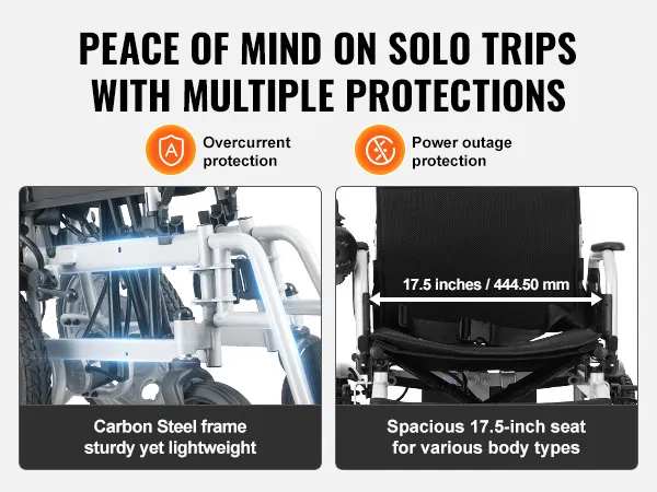 VEVOR electric wheelchair with sturdy carbon steel frame, 17.5-inch seat, and multiple protections.