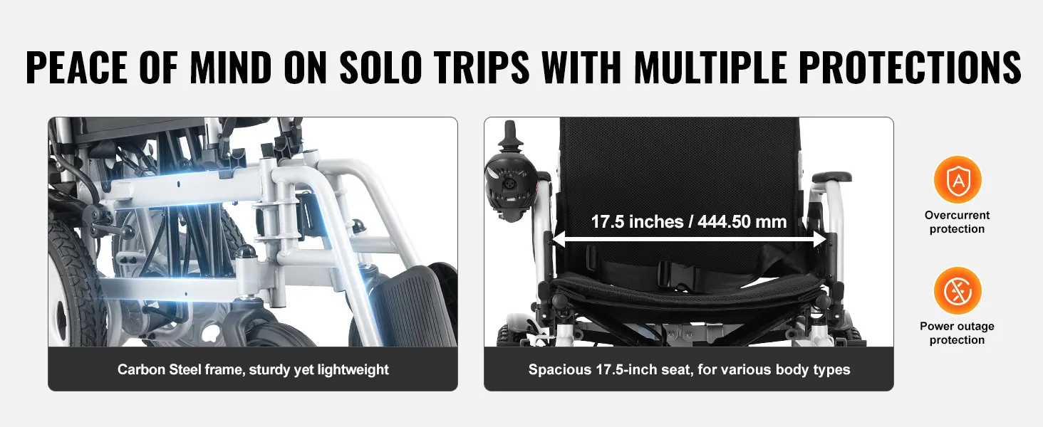 VEVOR electric wheelchair with sturdy carbon steel frame, 17.5-inch seat, and multiple protections.