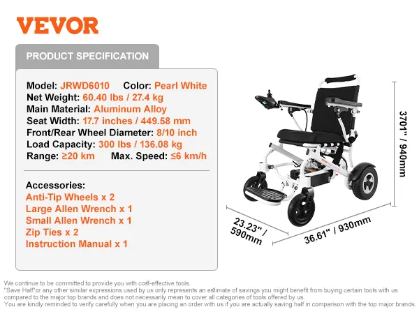 VEVOR elektrische rolstoel jrwd6010 in parelwit met aluminiumlegering frame, inclusief accessoires.