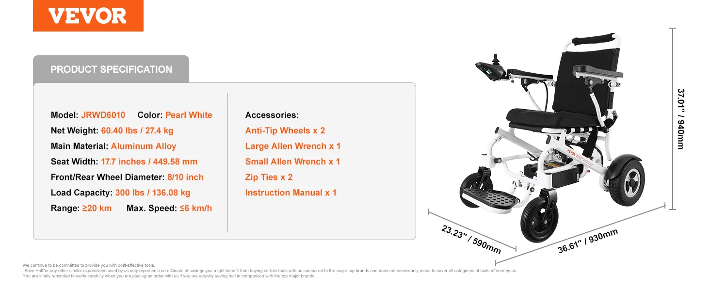 VEVOR elektrische rolstoel jrwd6010 in parelwit met aluminiumlegering frame, inclusief accessoires.