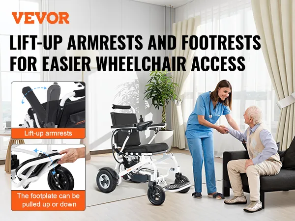 VEVOR elektrische rolstoel met opklapbare armleuningen en voetsteunen voor eenvoudigere toegang thuis.