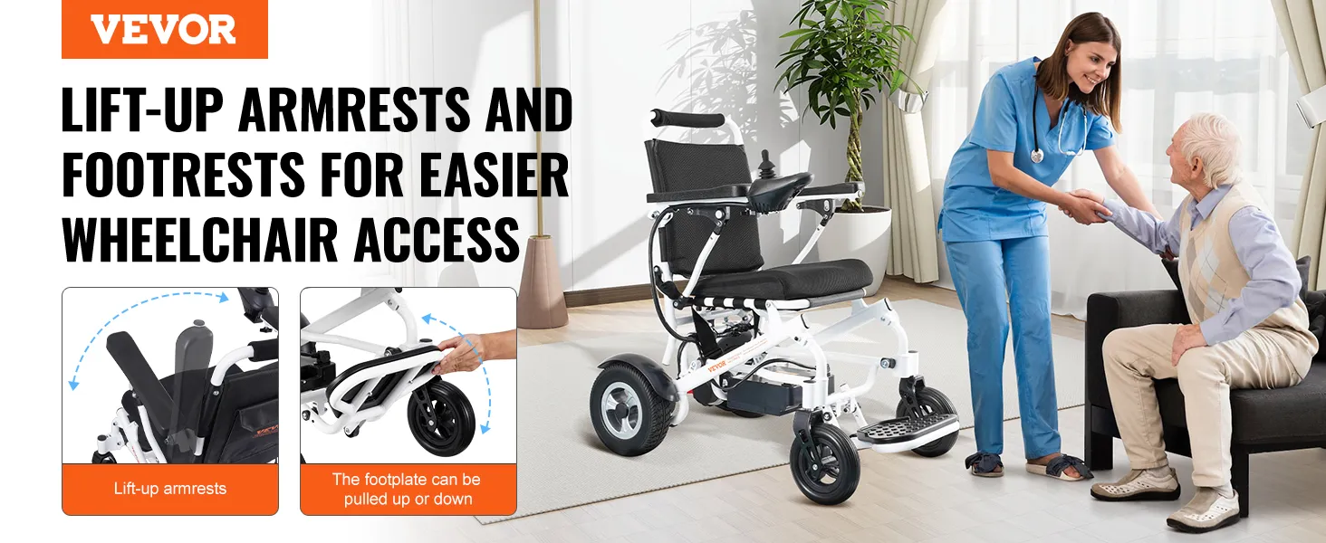 VEVOR elektrische rolstoel met opklapbare armleuningen en voetsteunen voor eenvoudigere toegang thuis.