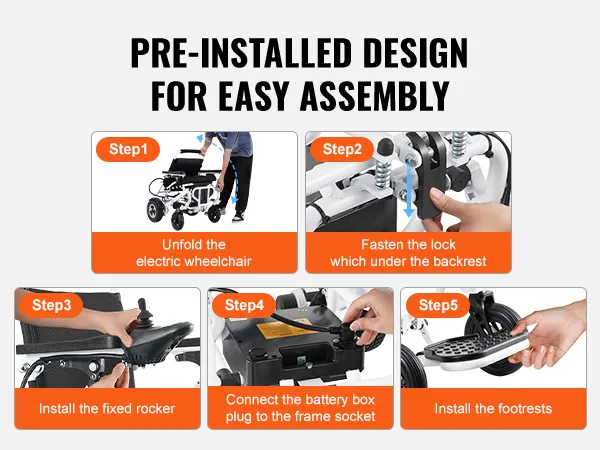 Stappen om de VEVOR elektrische rolstoel te monteren: uitvouwen, vergrendeling vastzetten, schommelstoel monteren, accu aansluiten, voetsteunen monteren.