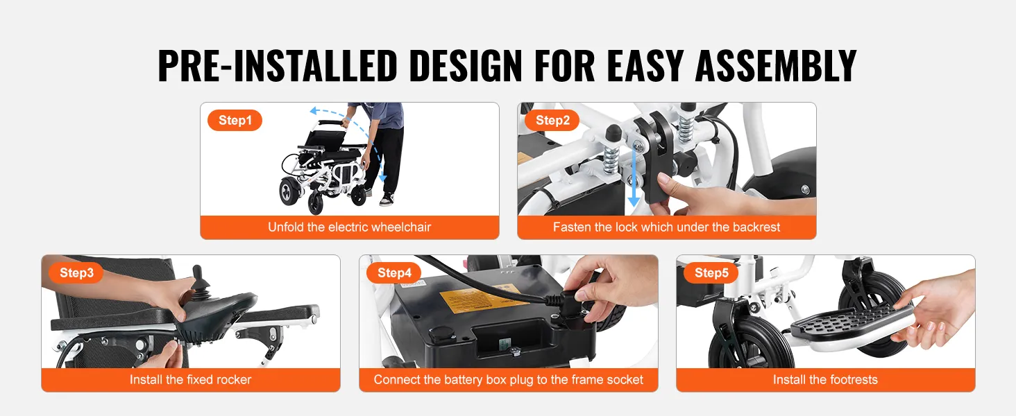 Stappen om de VEVOR elektrische rolstoel te monteren: uitvouwen, vergrendeling vastzetten, schommelstoel monteren, accu aansluiten, voetsteunen monteren.