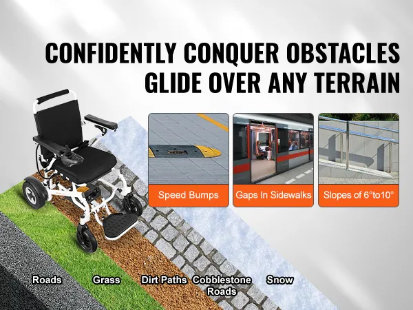 De elektrische rolstoel van VEVOR rijdt met gemak over wegen, gras, zandpaden, kasseienwegen en sneeuw.