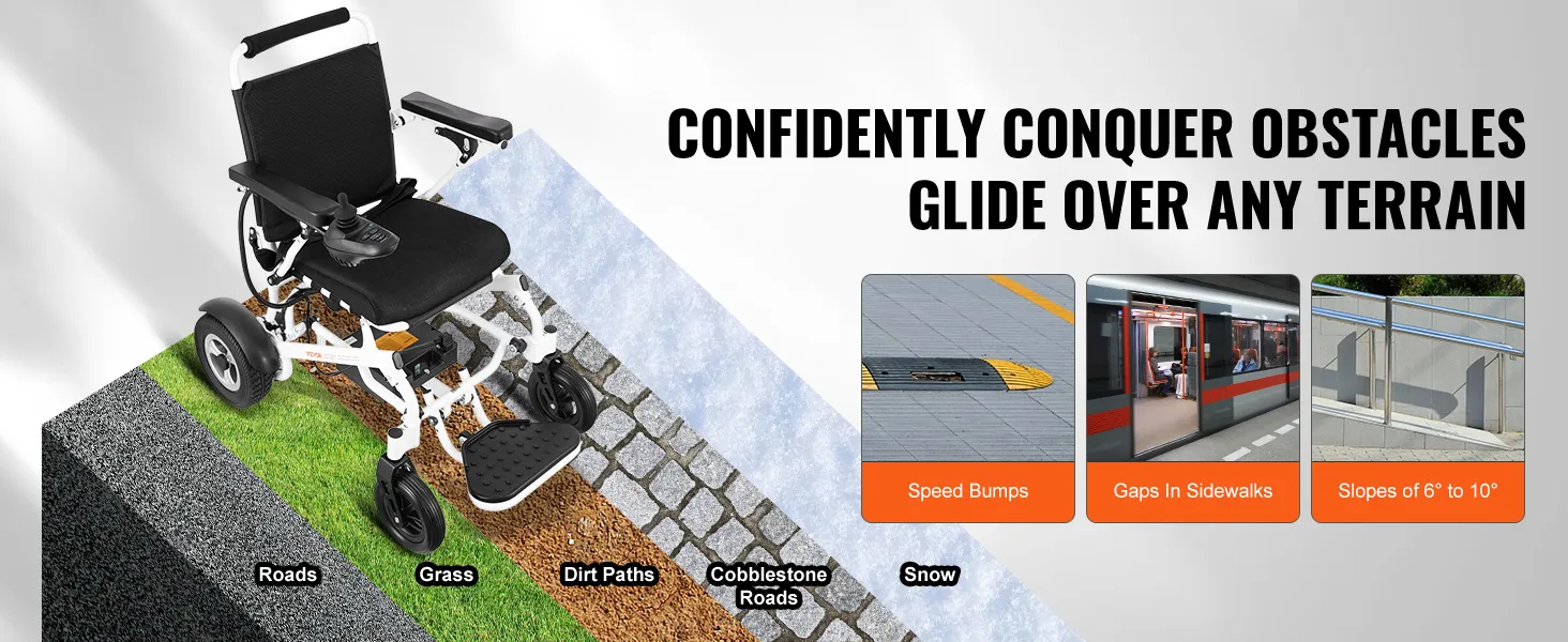 De elektrische rolstoel van VEVOR rijdt met gemak over wegen, gras, zandpaden, kasseienwegen en sneeuw.