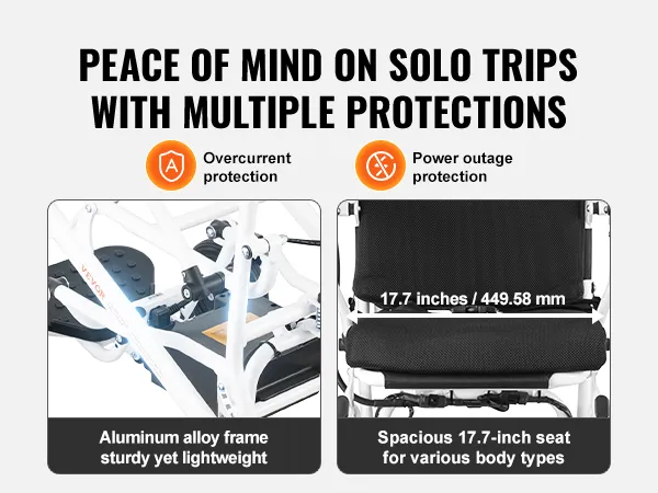 VEVOR elektrische rolstoel met aluminiumlegering frame en 17,7 inch zitting, voorzien van meerdere beschermingen.