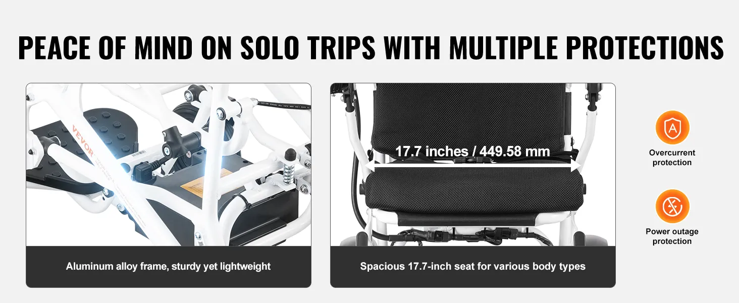VEVOR elektrische rolstoel met aluminiumlegering frame en 17,7 inch zitting, voorzien van meerdere beschermingen.
