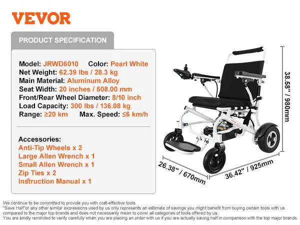 Specificaties van de VEVOR elektrische rolstoel: aluminiumlegering, capaciteit van 300 lbs, bereik van 20 km, parelwitte kleur.