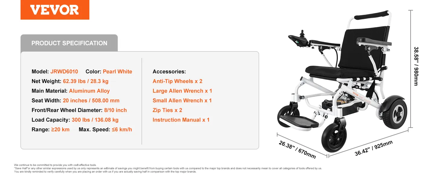 Specificaties van de VEVOR elektrische rolstoel: aluminiumlegering, capaciteit van 300 lbs, bereik van 20 km, parelwitte kleur.