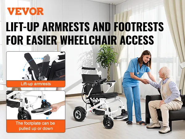 VEVOR elektrische rolstoel met opklapbare armleuningen en voetsteunen voor een betere toegankelijkheid.