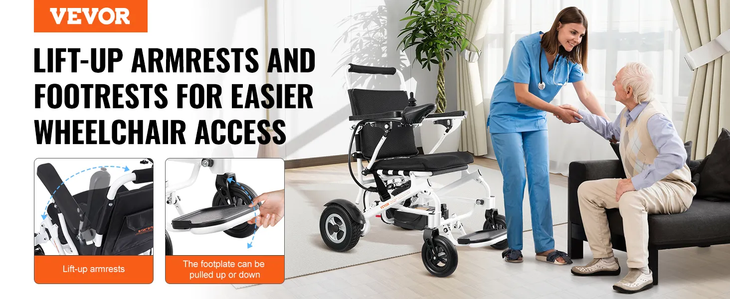 VEVOR elektrische rolstoel met opklapbare armleuningen en voetsteunen voor een betere toegankelijkheid.