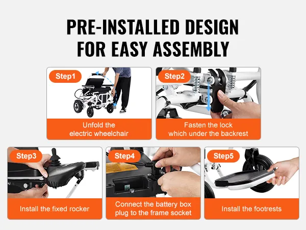 Handleiding voor het monteren van een VEVOR elektrische rolstoel: uitvouwen, vergrendeling vastzetten, schommelstoel monteren, accu aansluiten, voetsteunen bevestigen.