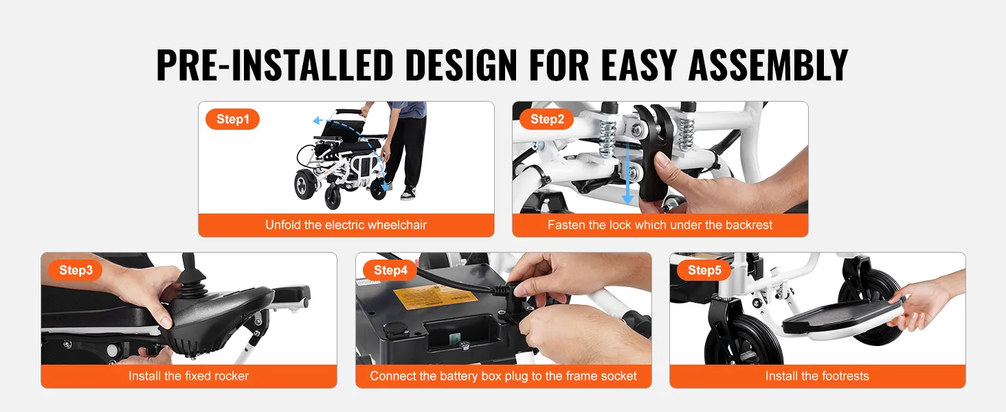 Handleiding voor het monteren van een VEVOR elektrische rolstoel: uitvouwen, vergrendeling vastzetten, schommelstoel monteren, accu aansluiten, voetsteunen bevestigen.