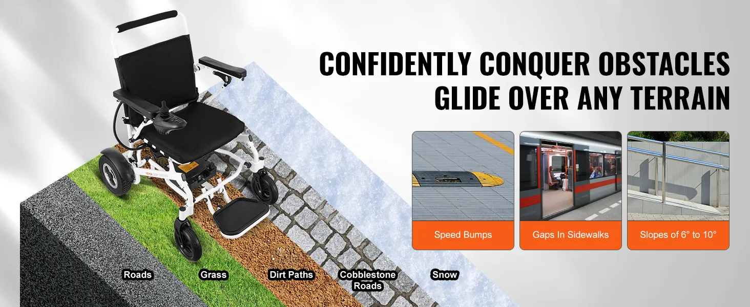 De elektrische rolstoel van VEVOR rijdt over wegen, gras, onverharde paden, kasseien, sneeuw, drempels, kloven en hellingen.