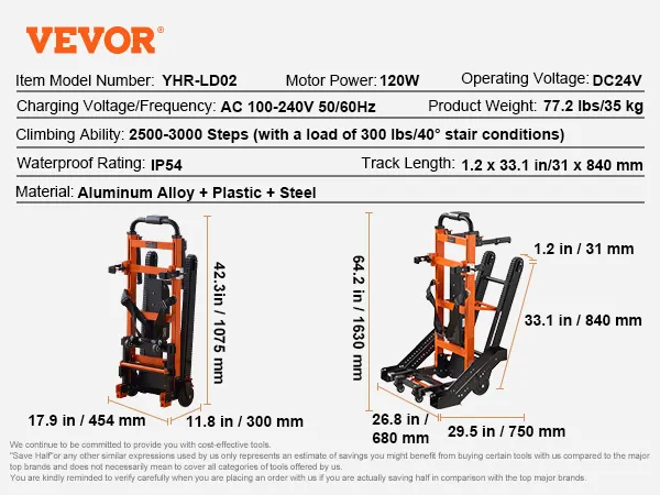 VEVOR electric stair climbing hand truck yhr-ld02, 120w, dc24v, 64.2 x 29.5 in, 77.2 lbs, ip54 rated.