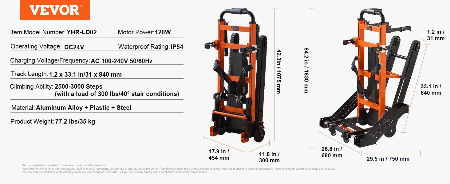 VEVOR electric stair climbing hand truck yhr-ld02, 120w, dc24v, 64.2 x 29.5 in, 77.2 lbs, ip54 rated.