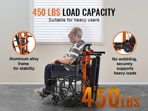 VEVOR electric stair climbing hand truck: 450 lbs load capacity, aluminum alloy frame, no wobbling.
