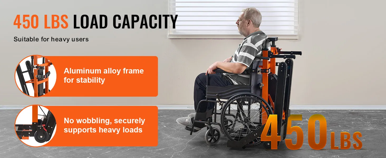 VEVOR electric stair climbing hand truck: 450 lbs load capacity, aluminum alloy frame, no wobbling.