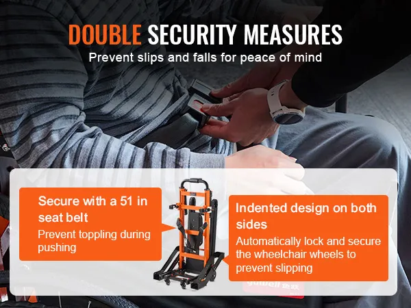 double security measures of VEVOR electric stair climbing hand truck with seat belt and indented design.