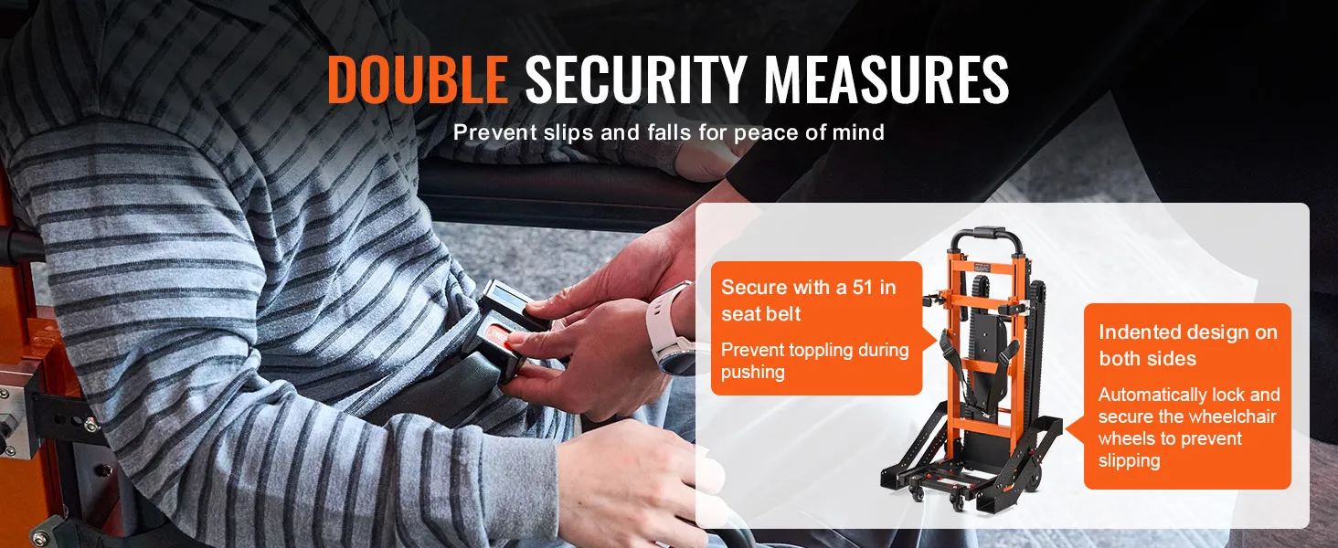 double security measures of VEVOR electric stair climbing hand truck with seat belt and indented design.