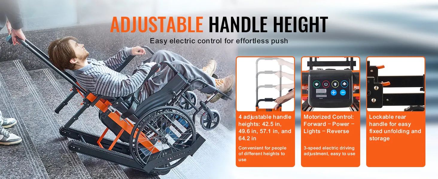 VEVOR electric stair climbing hand truck with adjustable handle height, motorized control, and lockable rear handle.
