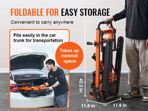 foldable VEVOR electric stair climbing hand truck, fits in car trunk, measures 42.3x17.9x11.8 inches.