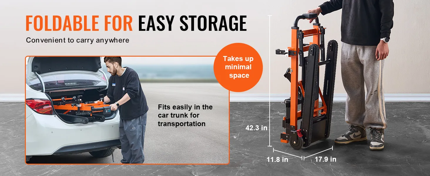 foldable VEVOR electric stair climbing hand truck, fits in car trunk, measures 42.3x17.9x11.8 inches.