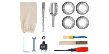 Piezas para molinillo de maíz VEVOR que incluyen discos, llave y cepillos de limpieza.