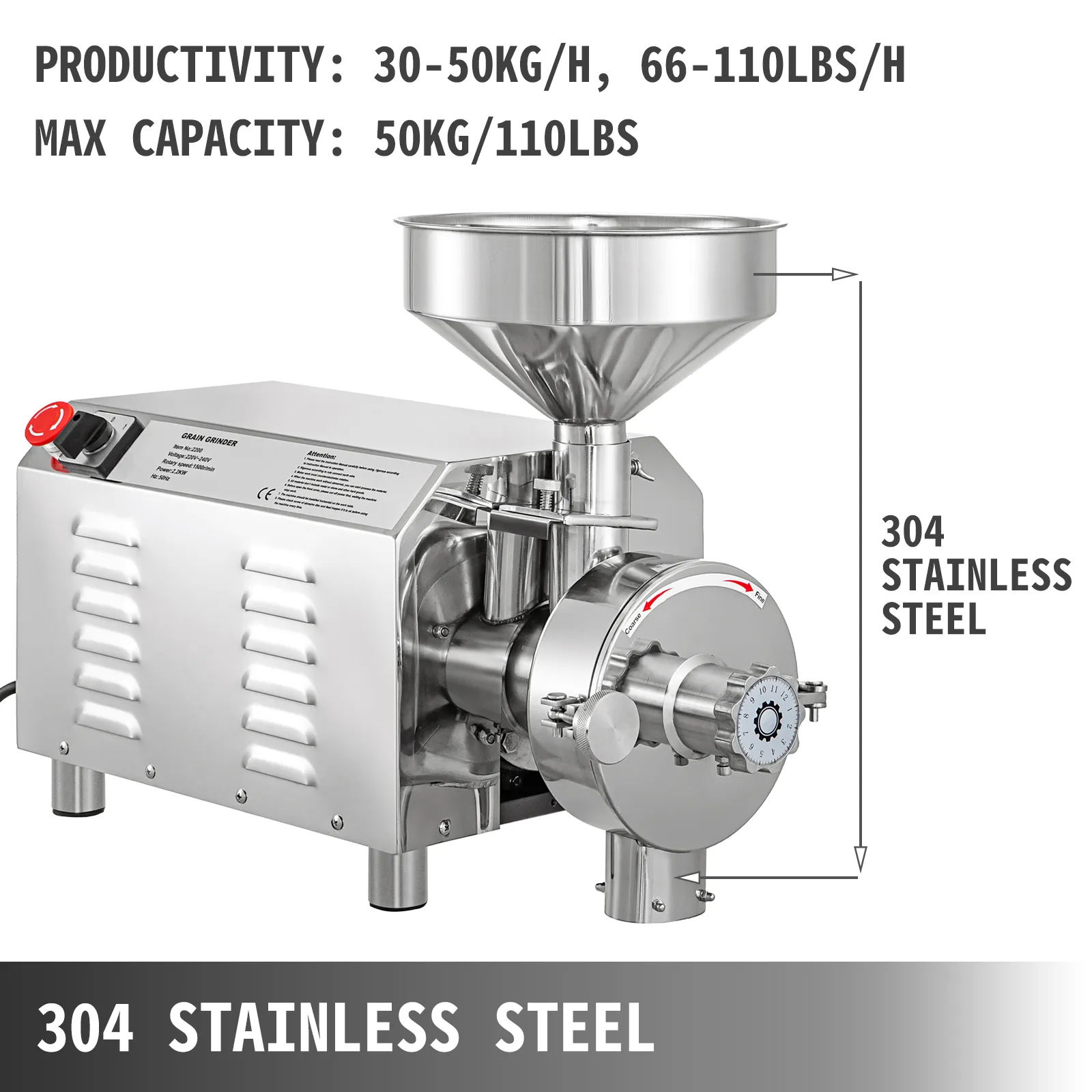Molinillo de granos VEVOR en acero inoxidable 304 con capacidad de 50 kg y productividad de 30-50 kg/h.