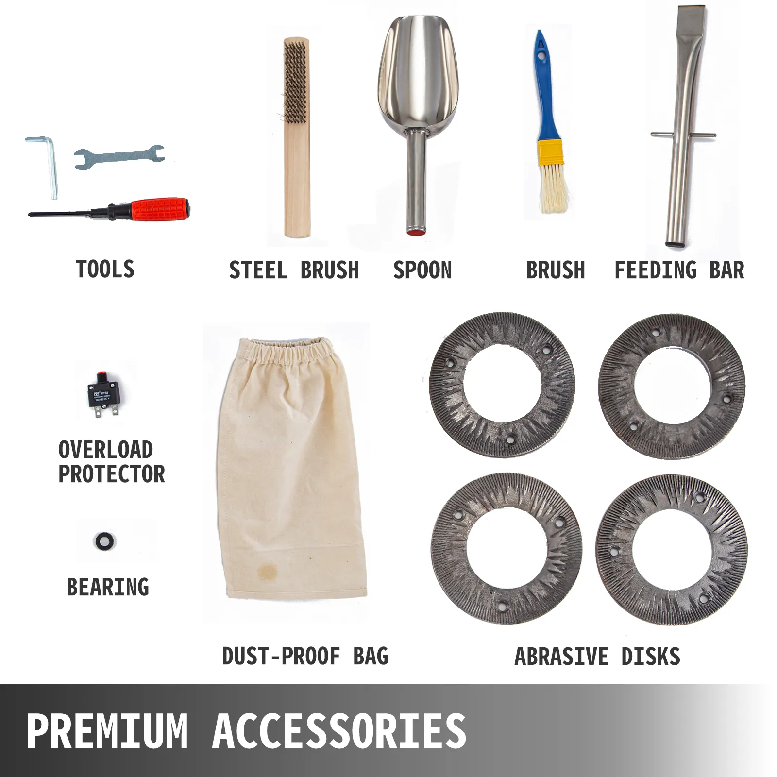 Los accesorios del molinillo de granos VEVOR incluyen herramientas, cepillo de acero, cuchara, cepillo, barra de alimentación y discos.