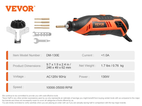 VEVOR electric chainsaw sharpener with attachments and specifications including dimensions and power.