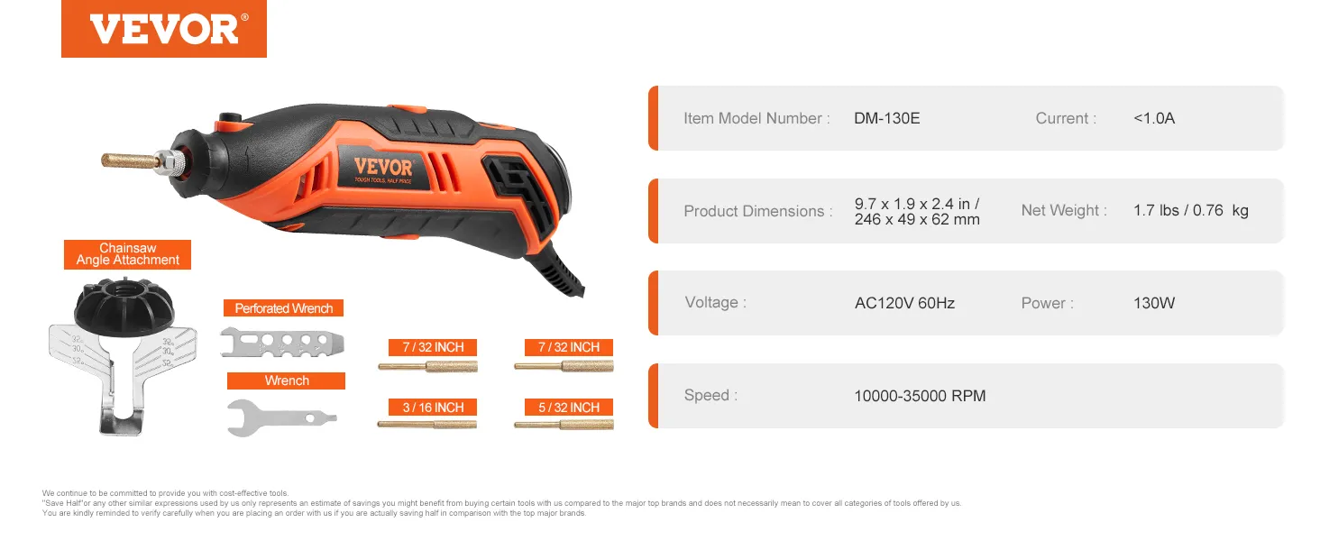 VEVOR electric chainsaw sharpener with attachments and specifications including dimensions and power.