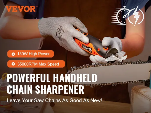 VEVOR electric chainsaw sharpener in use, showcasing 130w power and 35000 rpm max speed.