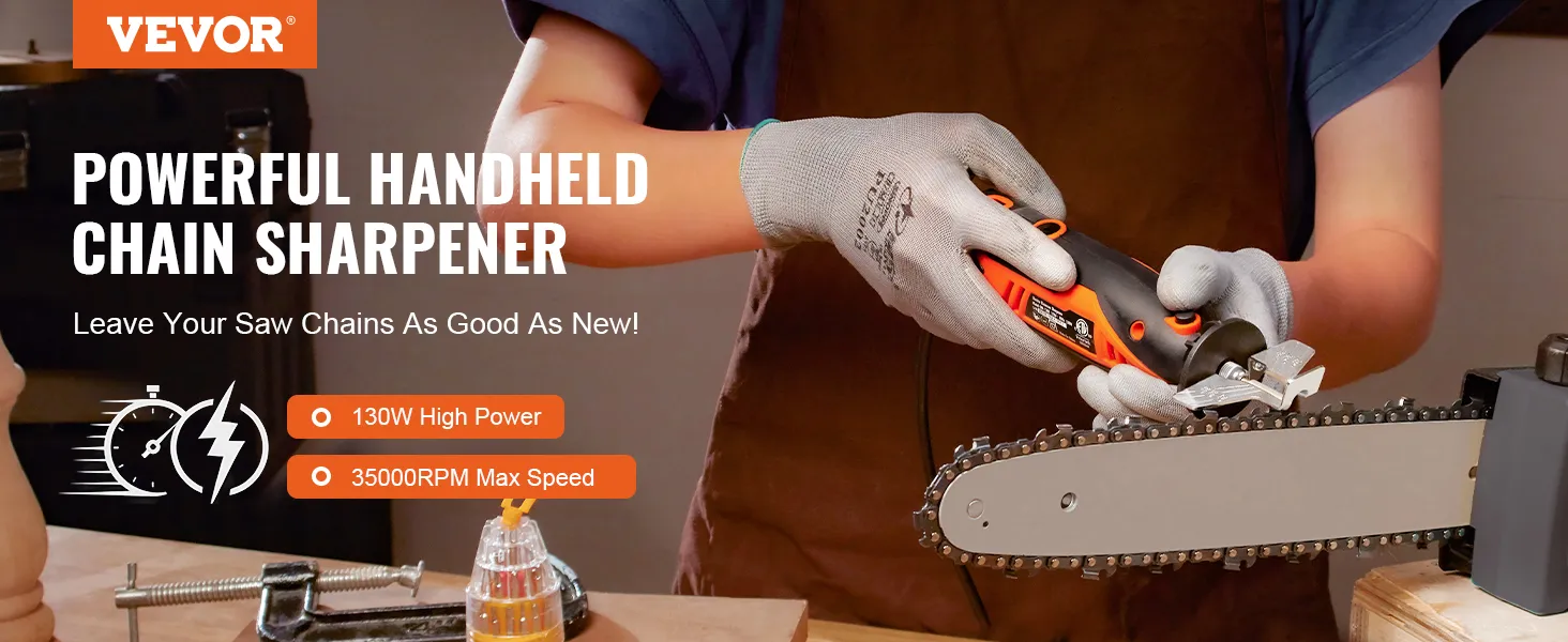 VEVOR electric chainsaw sharpener in use, showcasing 130w power and 35000 rpm max speed.