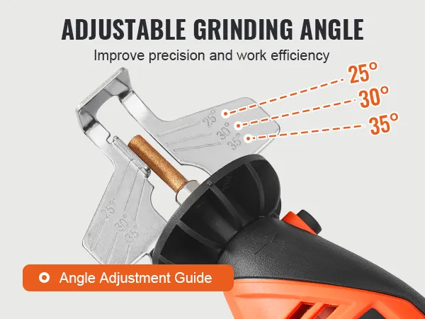 VEVOR electric chainsaw sharpener with adjustable grinding angles at 25°, 30°, and 35°.