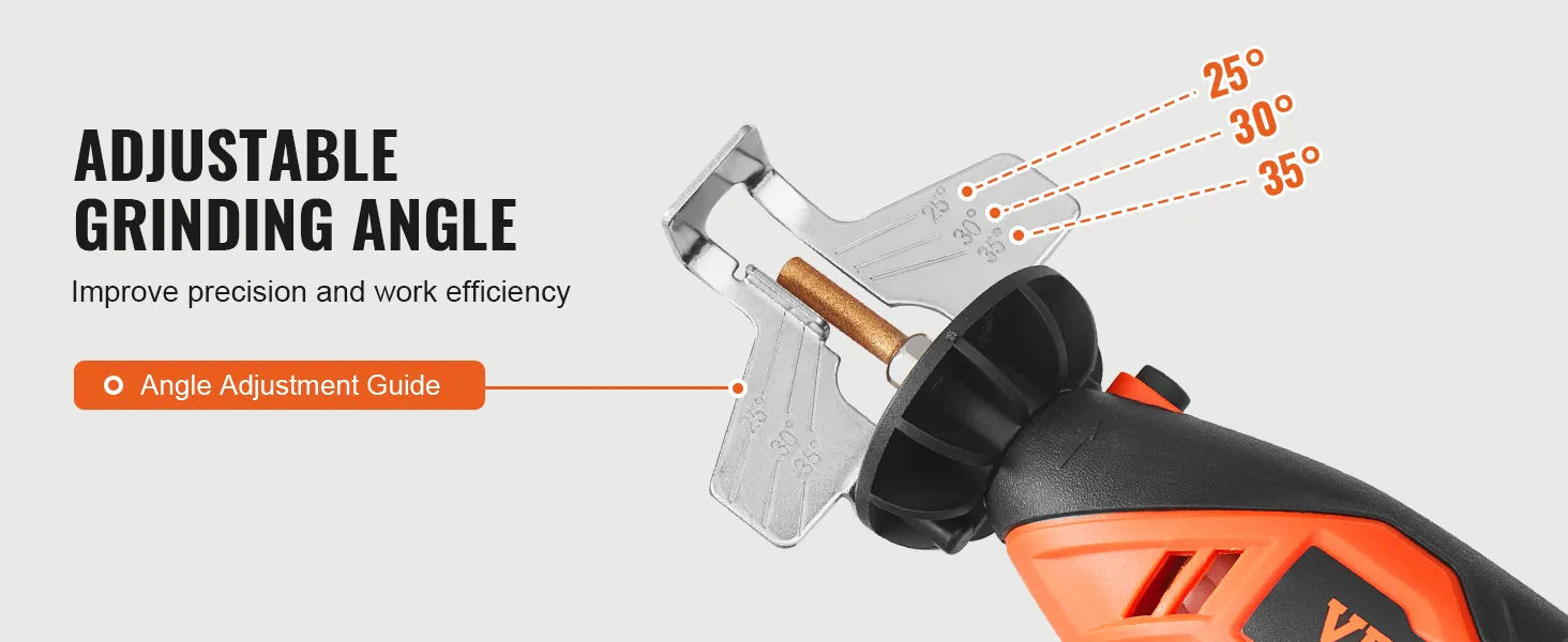 VEVOR electric chainsaw sharpener with adjustable grinding angles at 25°, 30°, and 35°.