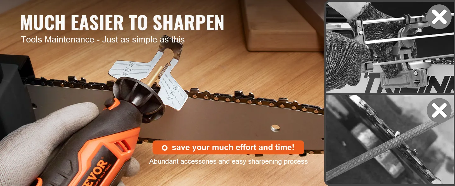 VEVOR electric chainsaw sharpener in use, showcasing its efficiency and included accessories.