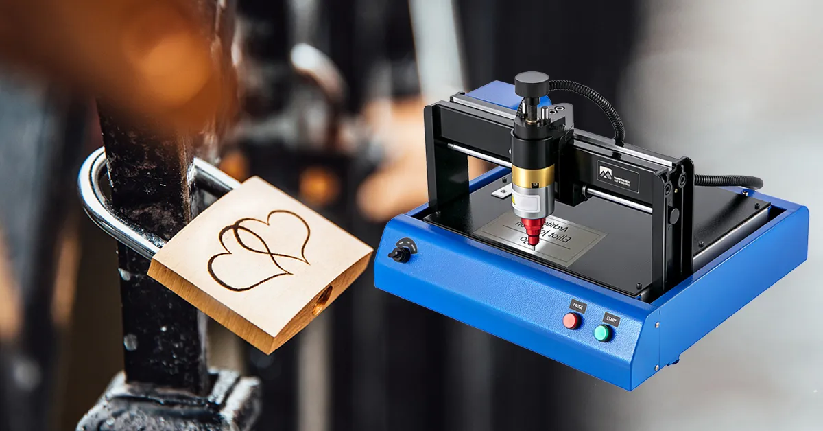blue VEVOR electric marking machine engraving a wooden lock with intertwined hearts.