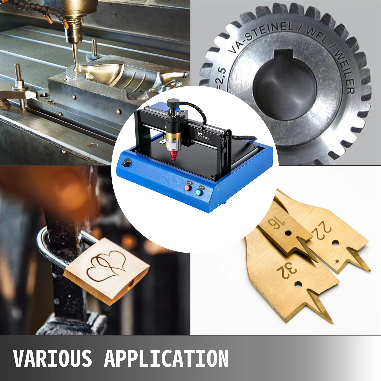 VEVOR electric marking machine demonstrating various applications on metal and wood objects.